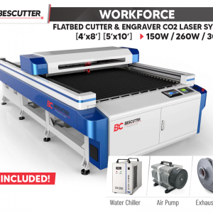 ALL SYSTEM INCLUDED BESCUTTER WORKFORCE [4'X8' - 5'X10] CO2 LASER CUTTER & ENGRAVER SYSTEM | 150W - 260W- 300W | DOUBLE WORK PLATFORM